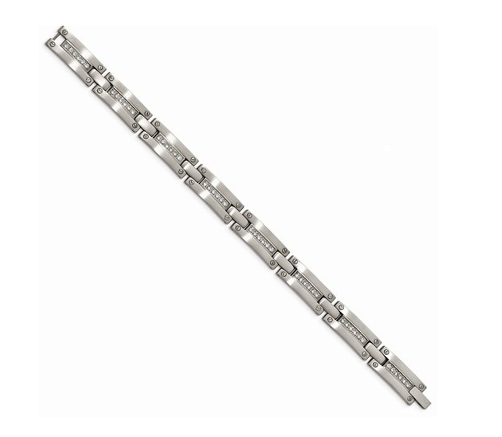 Men's Polished Stainless Steel Brushed CZ Link Bracelet, 8.5