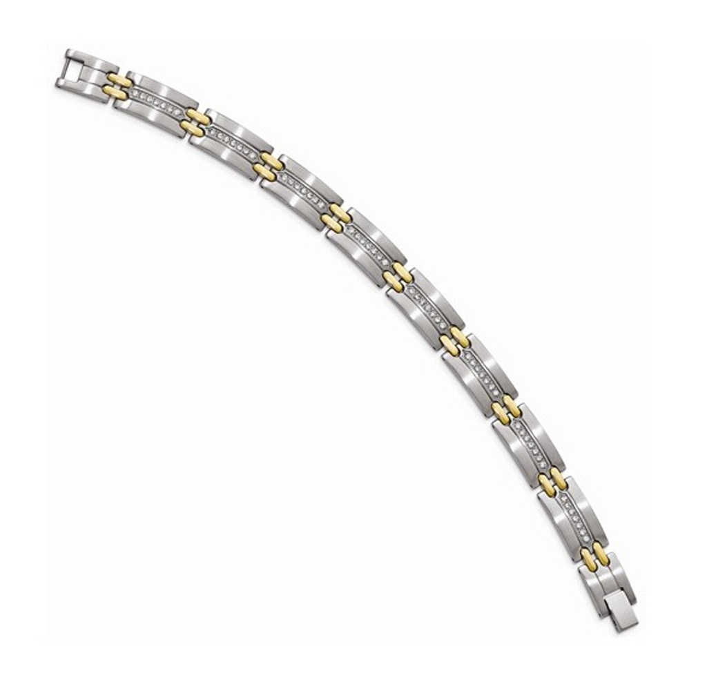 Men's Brushed and Polished Stainless Steel Yellow Gold IP CZ Link Bracelet, 8.75