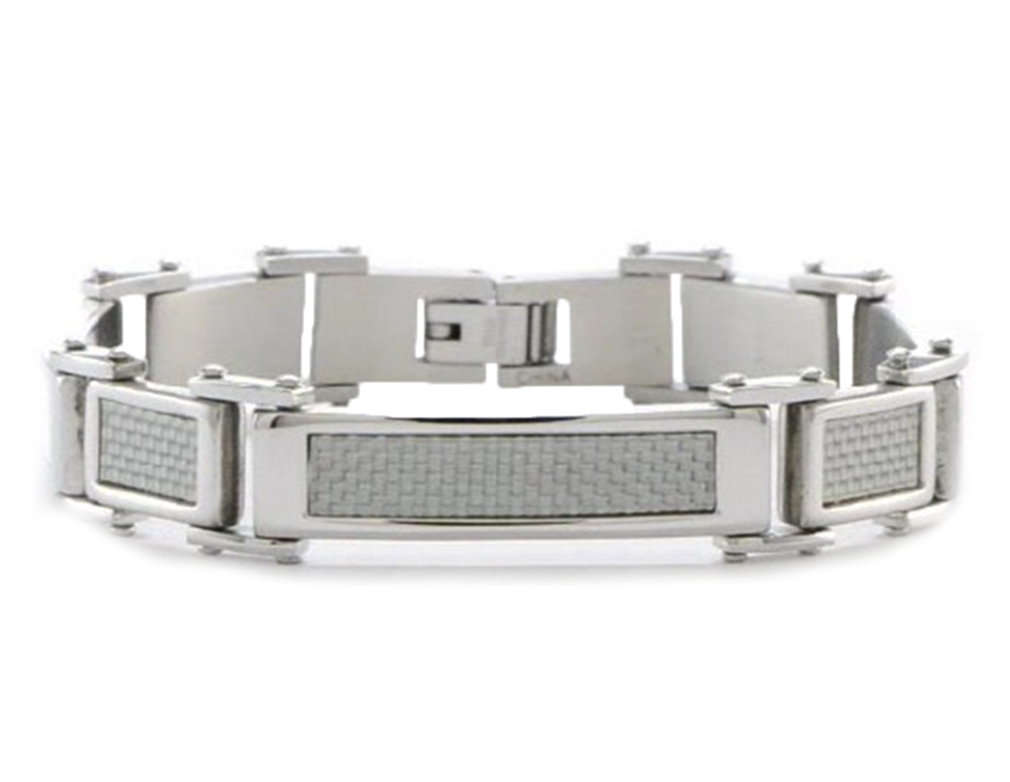 Stainless Steel Brushed And Polished Grey Carbon Fiber Inlay Bracelet, 8.25