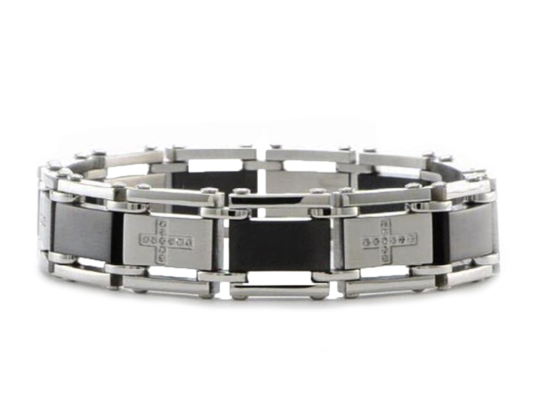 Stainless Steel Brushed And Polished Grey Carbon Fiber Inlay Bracelet, 8.25