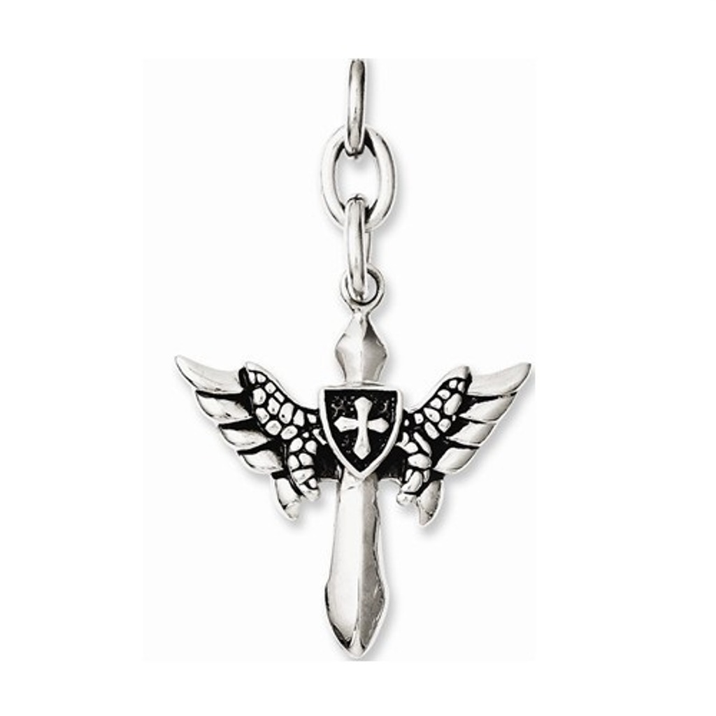 Wings with Cross Interchangeable Antiqued Pendant, Stainless Steel, 2.12