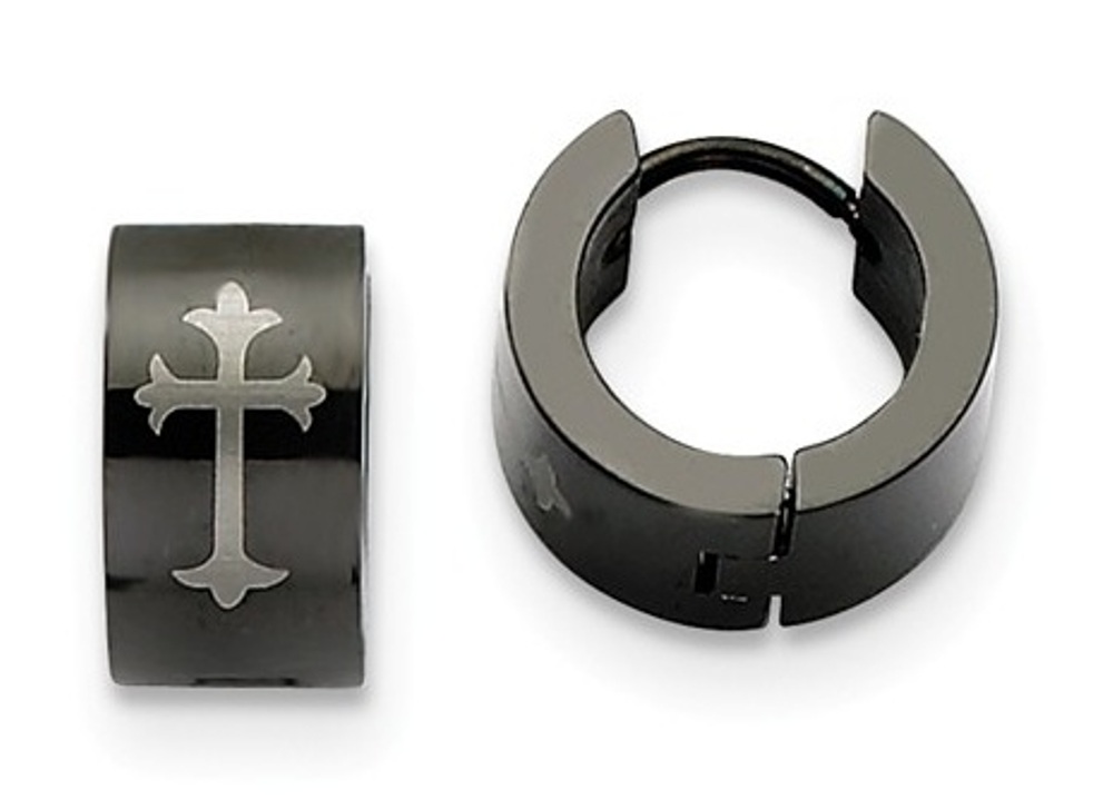 Black IP Stainless Steel Round Hinged Hoop With Cross Earrings