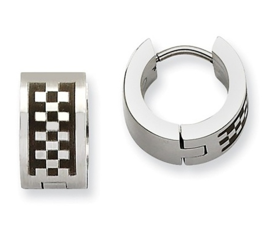 Stainless Steel Checkerboard Pattern Hinged Hoop Earrings