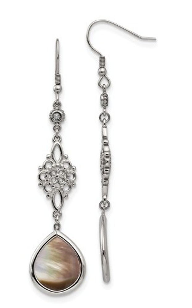 Stainless Steel Black Mother Of Pearl and CZ Dangle Earrings.