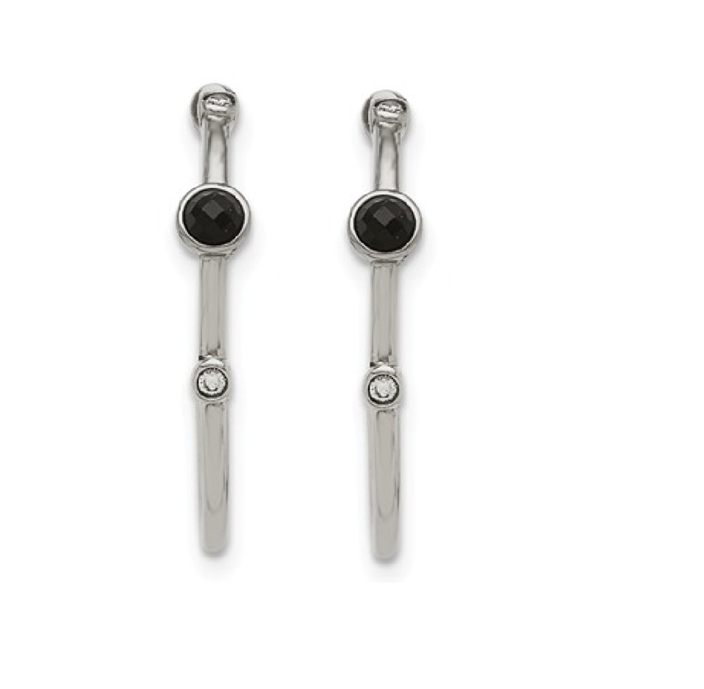 Polished Stainless Steel Black Onyx and CZ Post Hoop Earrings