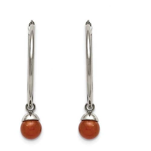 Stainless Steel Hoop With Red Agate Bead Hoop Earrings 