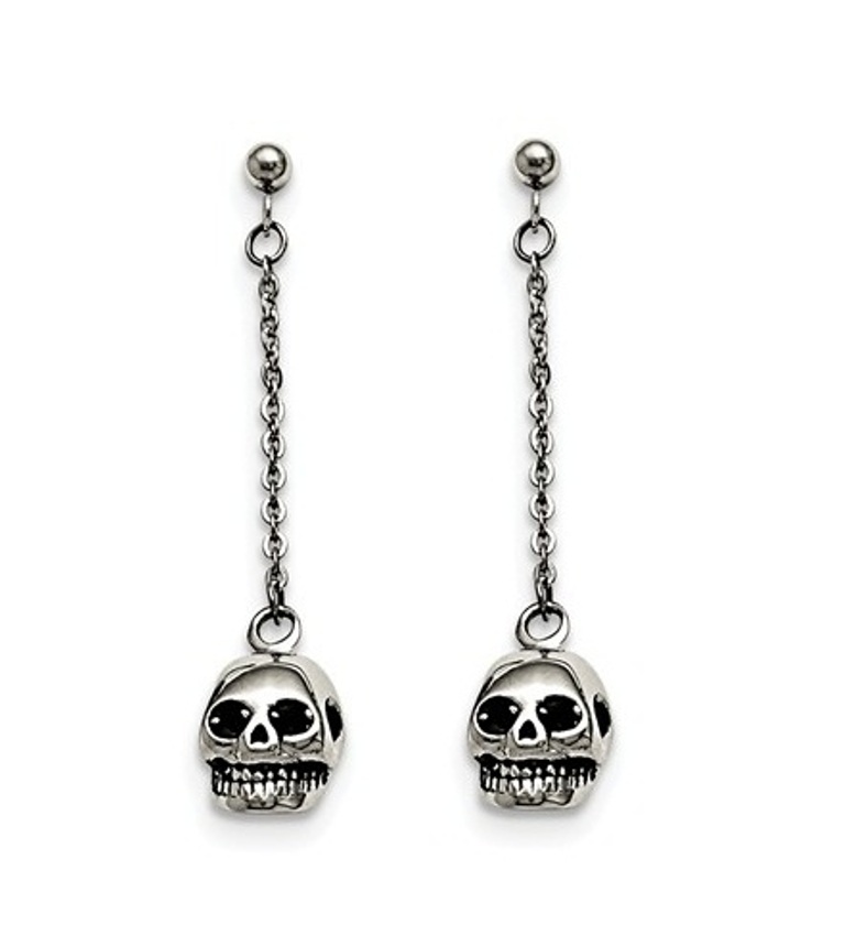 Antiqued Stainless Steel Skull and Chain Dangle Earrings. 