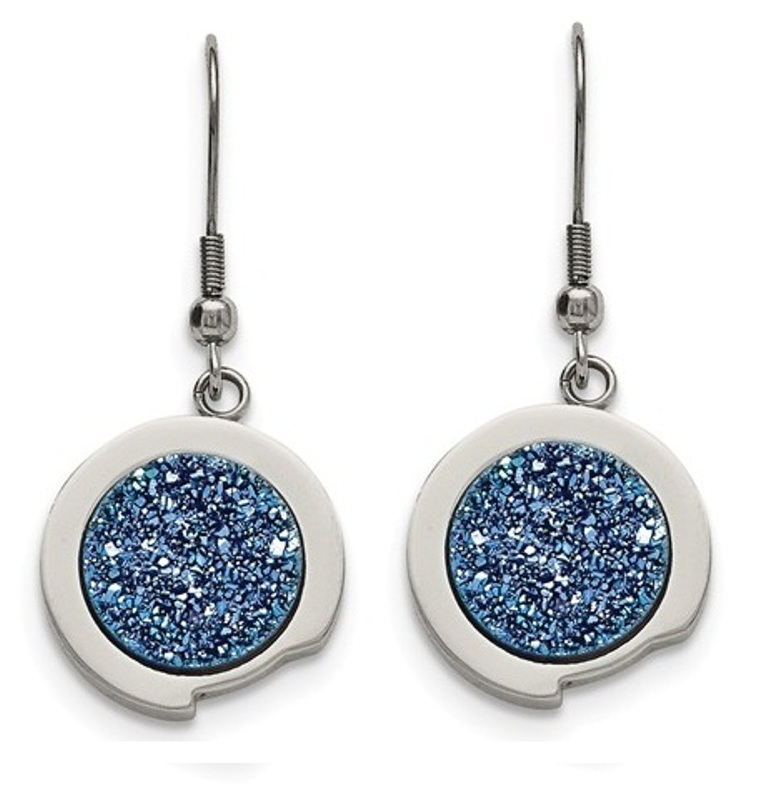 Polished Stainless Steel with Blue Druzy Stone Earrings.   