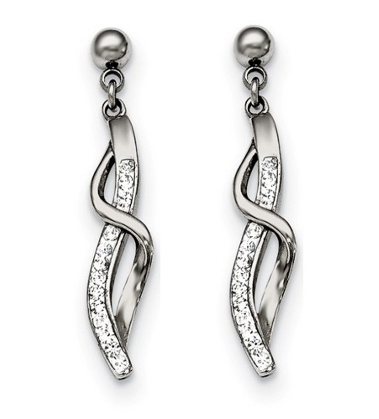 Polished stainless steel curvy crystal post dangle earrings, item EAR-SRE884-QG-BC. 