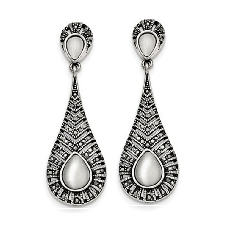 Stainless Steel Marcasite Cat's Eye Post Dangle Earrings   