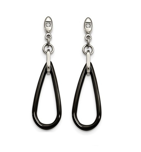 Stainless Steel Black Ceramic CZ Dangle Post Earrings 