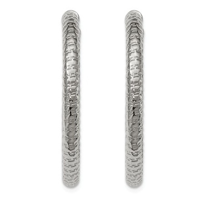 Polished Stainless Steel Textured Hollow Hoop Earrings 