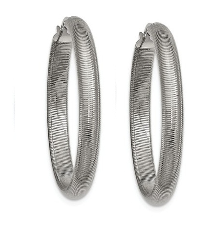 Polished Stainless Steel Textured Oval Hoop Earrings  