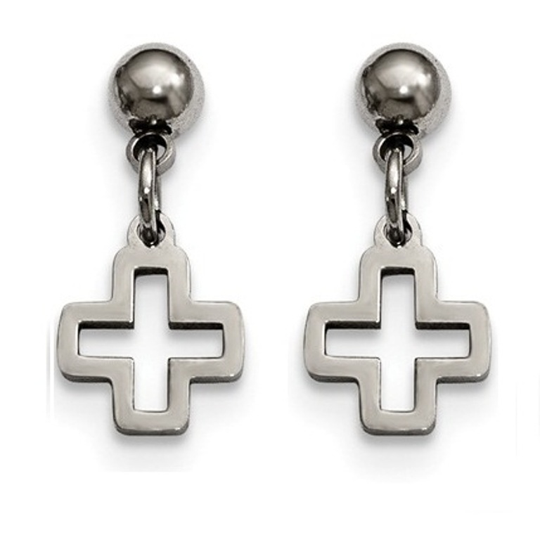 Polished Stainless Steel Cross Post Dangle Earrings