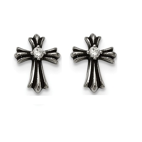 Antiqued Stainless Steel with CZ Cross Post Earrings