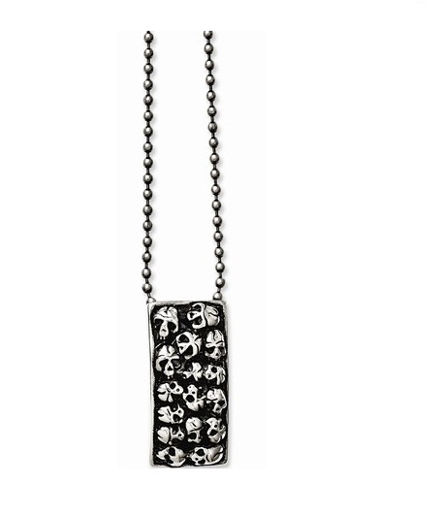 Skulls Antiqued Dog Tag Necklace, Stainless Steel, 24