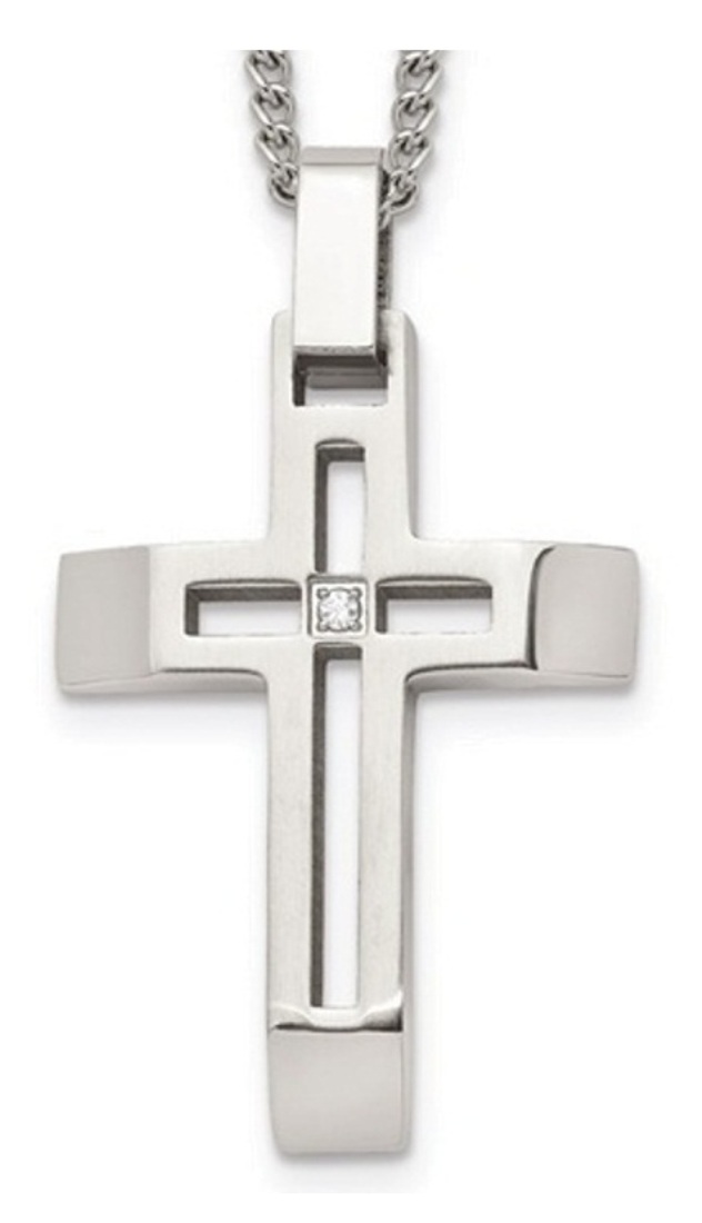 Stainless Steel Brushed And Polished Cross With CZ Necklace