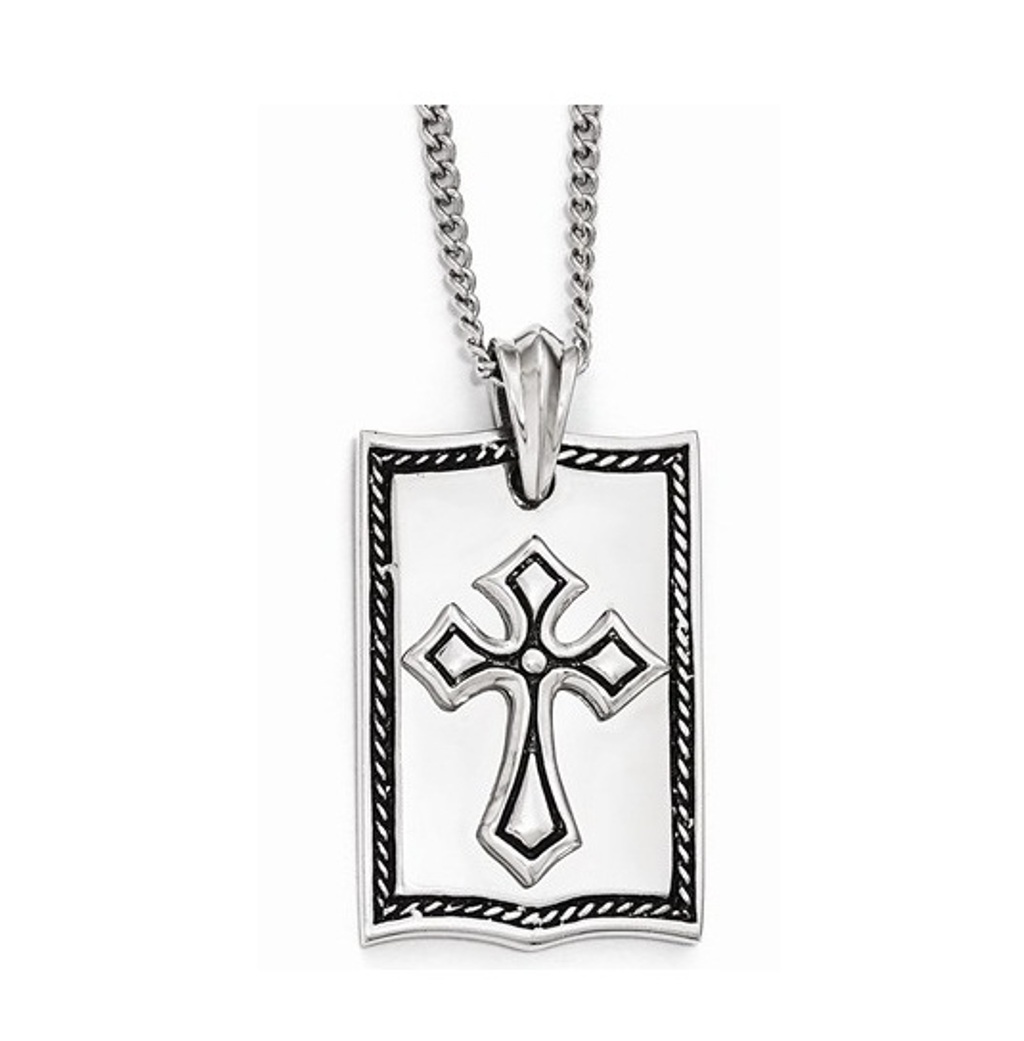 Dog Tag Cross  Antiqued  Pendant Necklace,Stainless Steel, 24