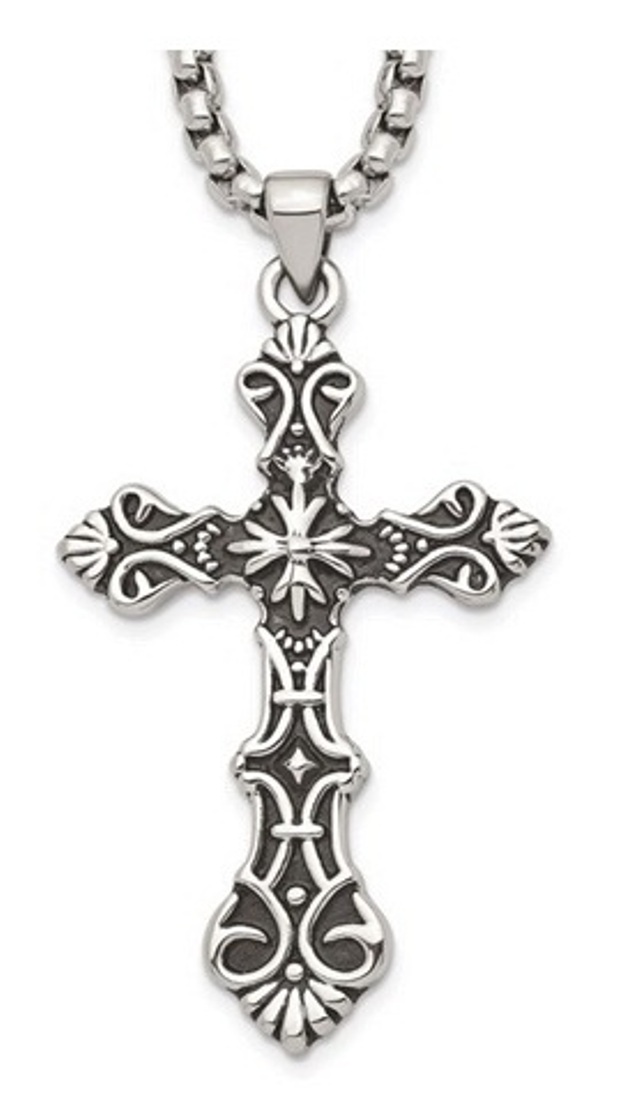 Stainless Steel Polished And Antiqued Cross Necklace