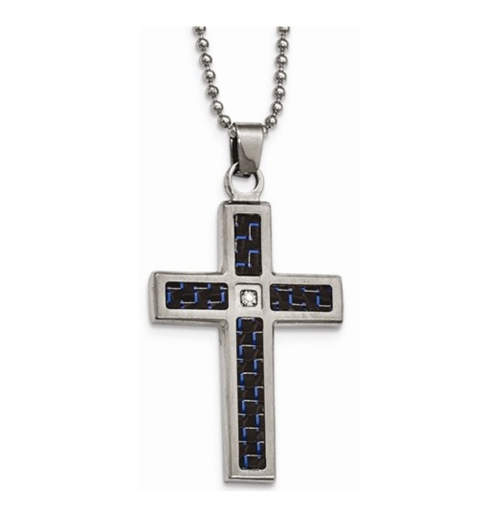 Blue Carbon Fiber CZ Cross Necklace, Stainless Steel, 22