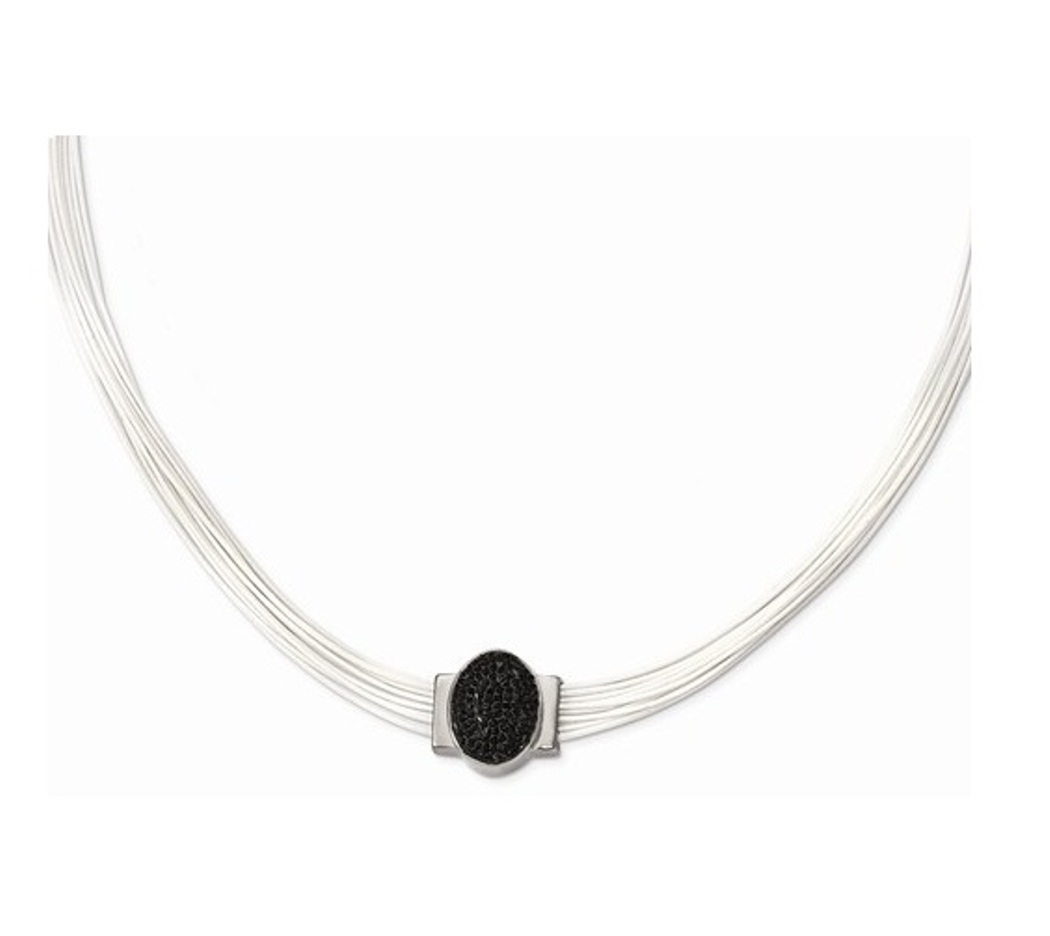 Black Crystal Necklace, Cotton Cord and Stainless Steel, 18-20