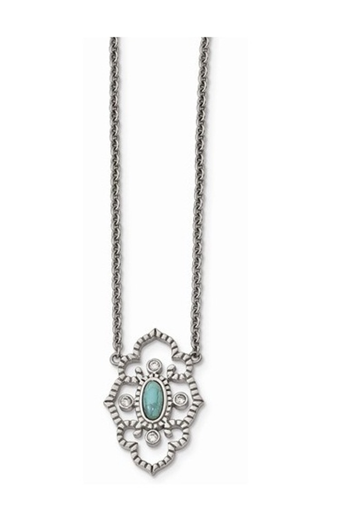 CZ and Imitation Turquoise Necklace, Stainless Steel, 16-18