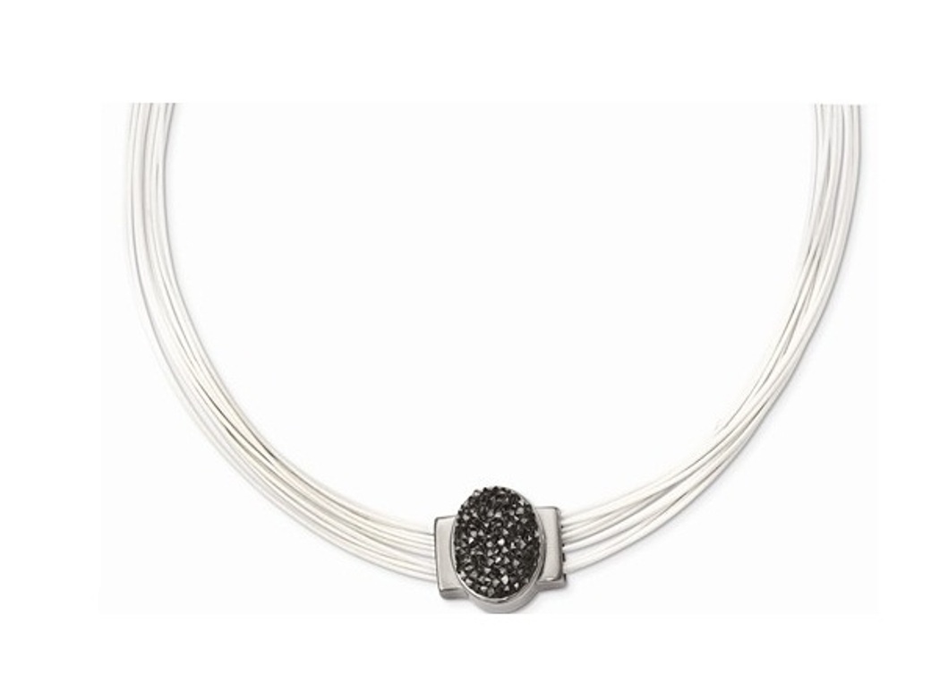 Grey Crystal Cotton Cord Necklace, Stainless Steel, 18-20.5