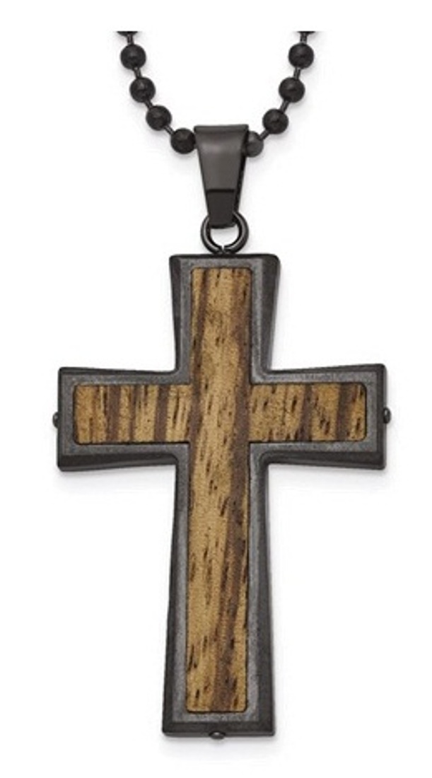 Stainless Steel Brushed Gunmetal IP-Plated With Wood Inlay Cross Necklace