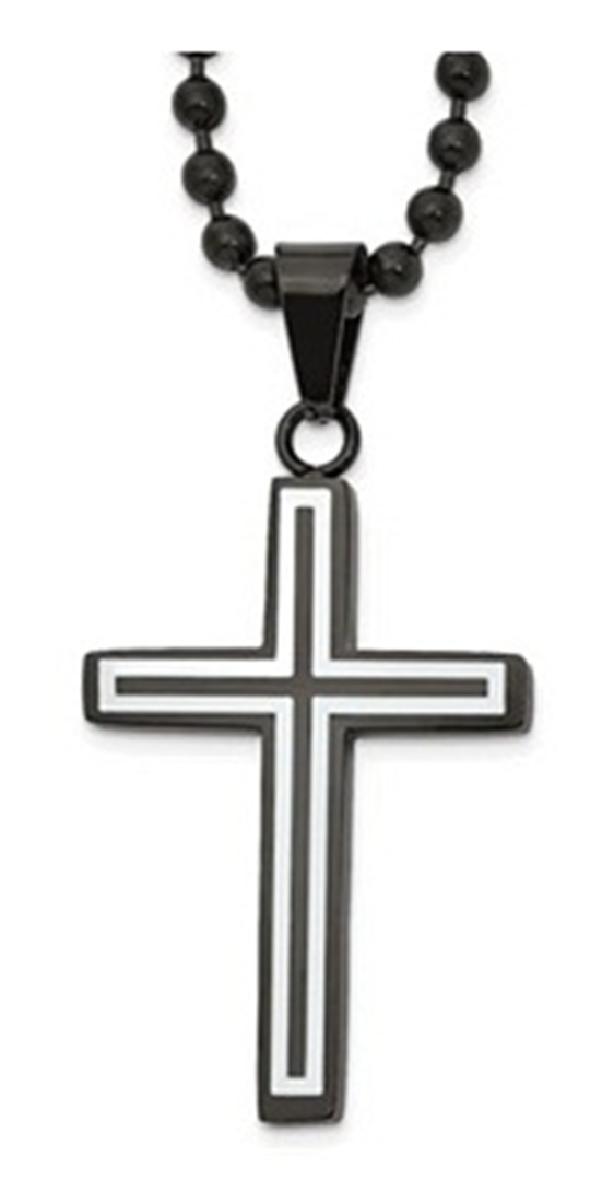 Stainless Steel Polished Black IP-Plated With White Enamel Cross 22in Necklace