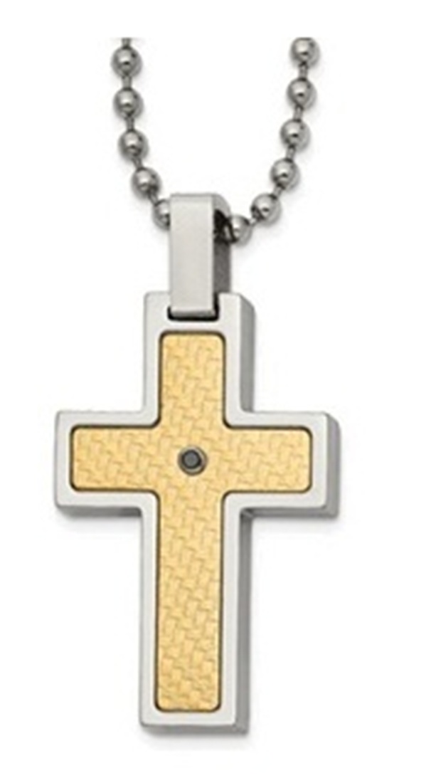 Stainless Steel With 18k Gold Accent .02ct Black Diamond Cross Necklace