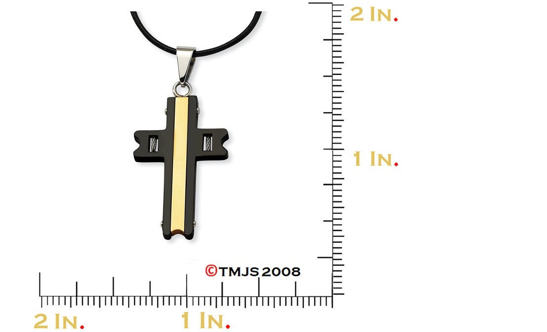  Gold and Black Color IP-Plated Stainless Steel Cross Pendant Necklace, 18