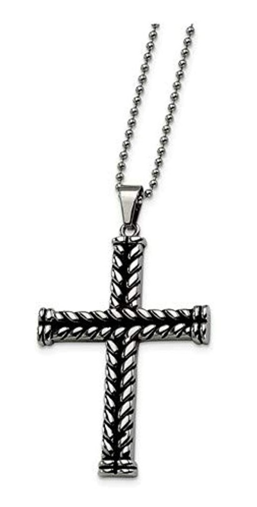 Men's Stainless Steel, Black IP Rope Cross Pendant Necklace, 24