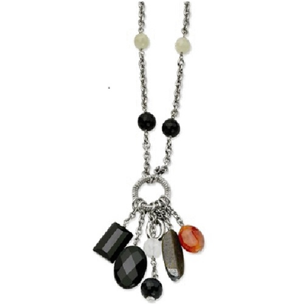 Black Agate Crystal Necklace,Stainless Steel, 26-28