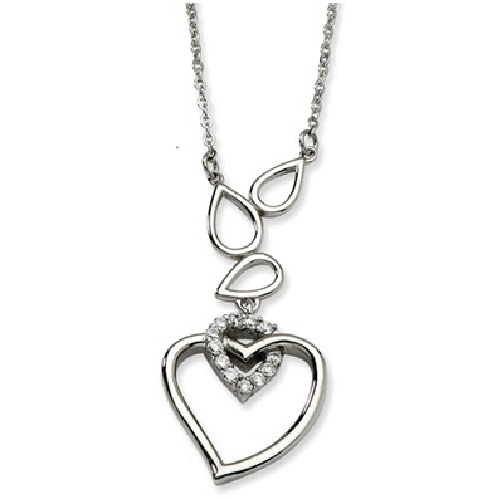 CZ Teardrops and Heart with Heart Pendant Necklace, Stainless Steel, 18-19