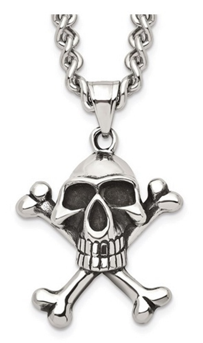 Stainless Steel Antiqued Skull And Crossbones Pendant 24in Necklace