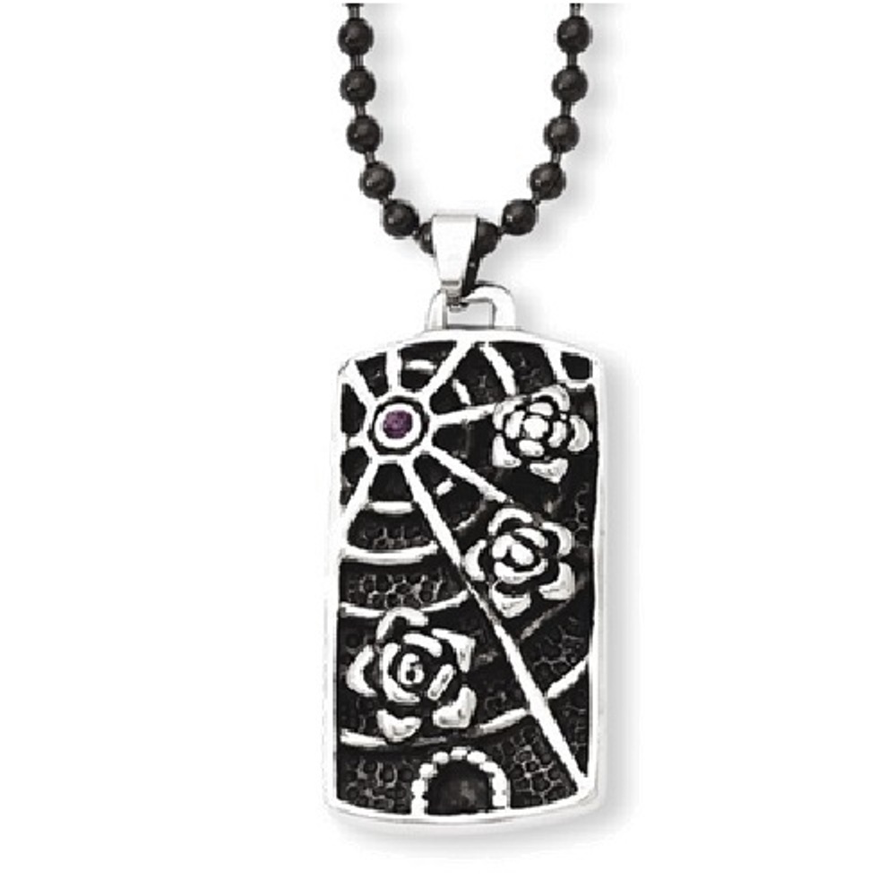 CZ Spider Web with Flowers Pendant,Stainless Steel, 24