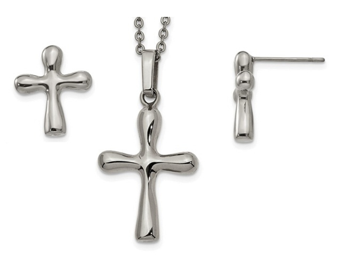 Stainless Steel Polished Cross Earring And 18in With 2in Ext Necklace Set