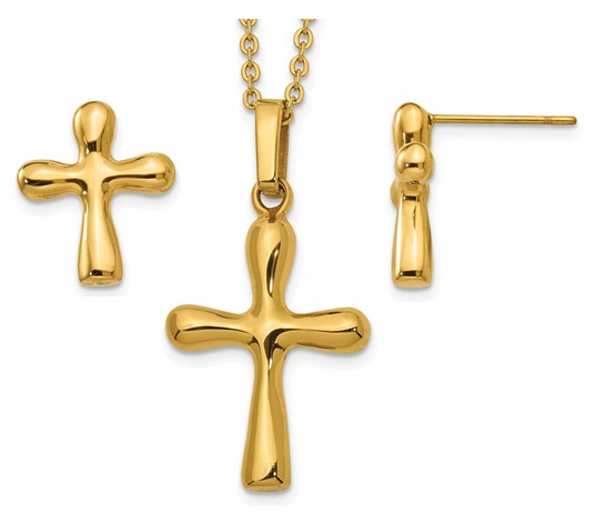 Stainless Steel Polished IP Yellow Plated Cross Earring And 18in Necklace Set