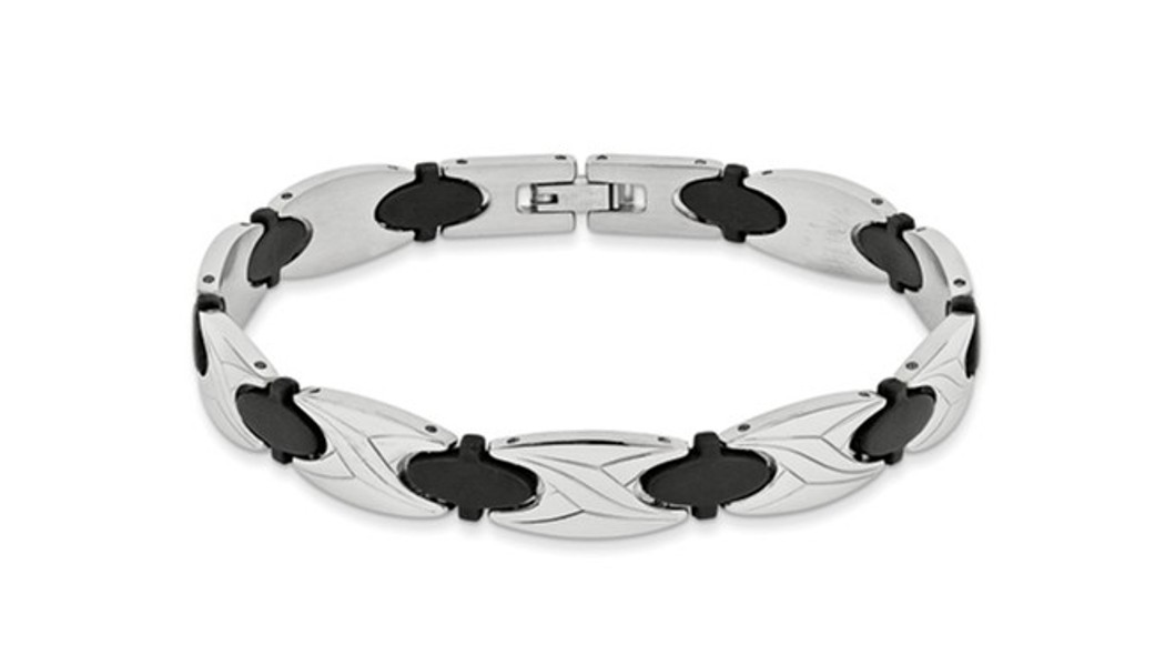 Men's Stainless Steel and Black Rubber Design Bracelet, 9