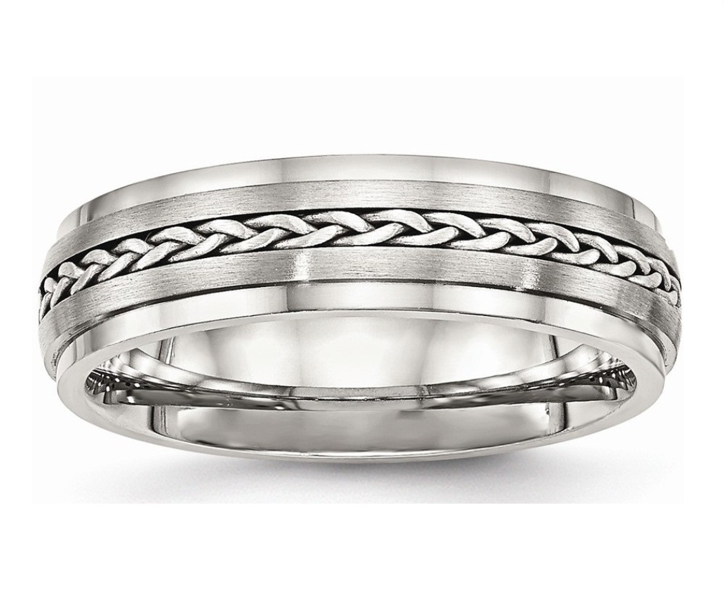 Stainless Steel Polished And Brushed With Silver Braid Inlay Ring