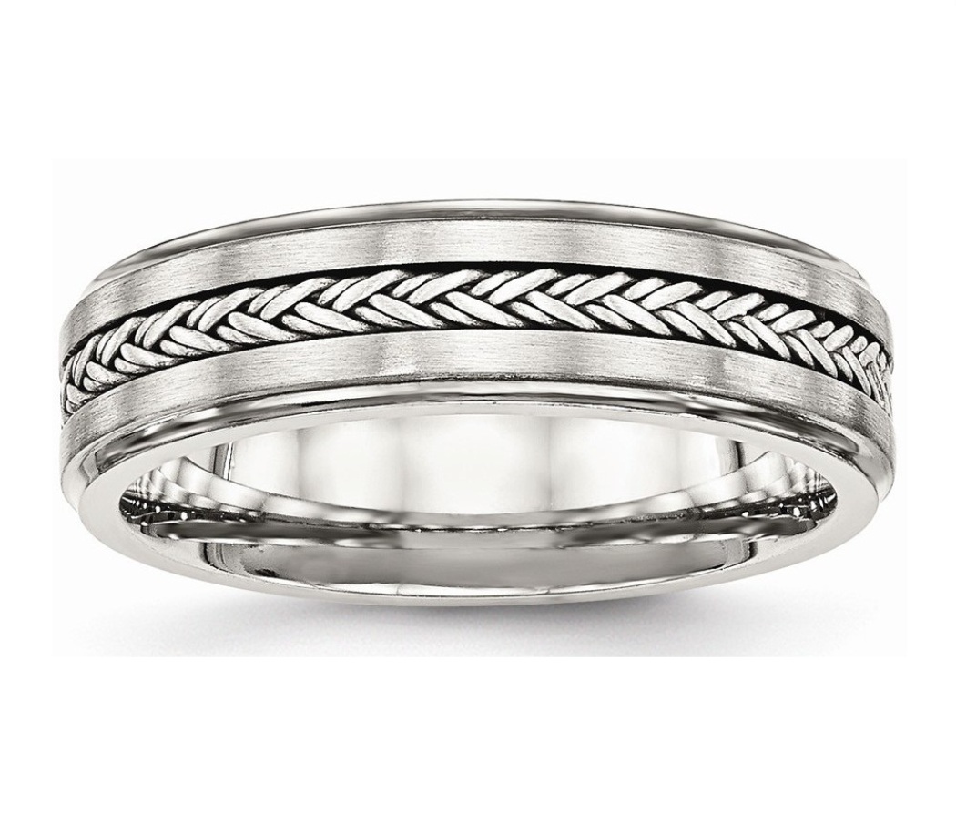 Stainless Steel Polished And Brushed With Silver Braid Inlay Ring