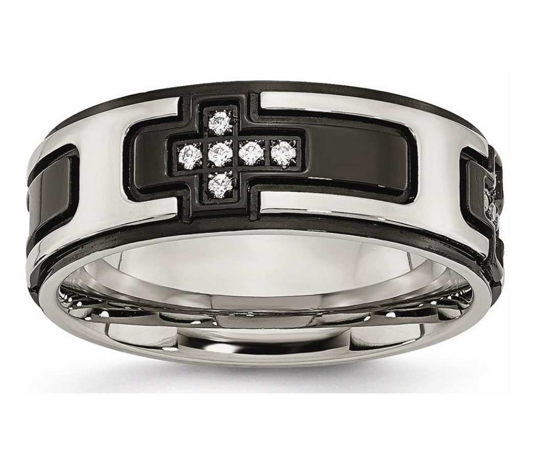 Stainless Steel Polished Black IP-Plated With CZ Cross Band