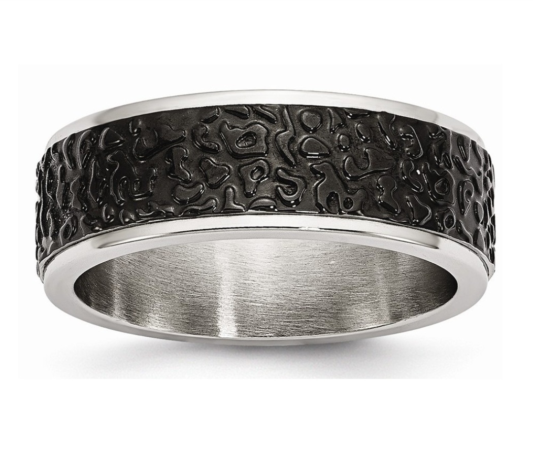 Stainless Steel Polished And Textured Black Ip-Plated Band