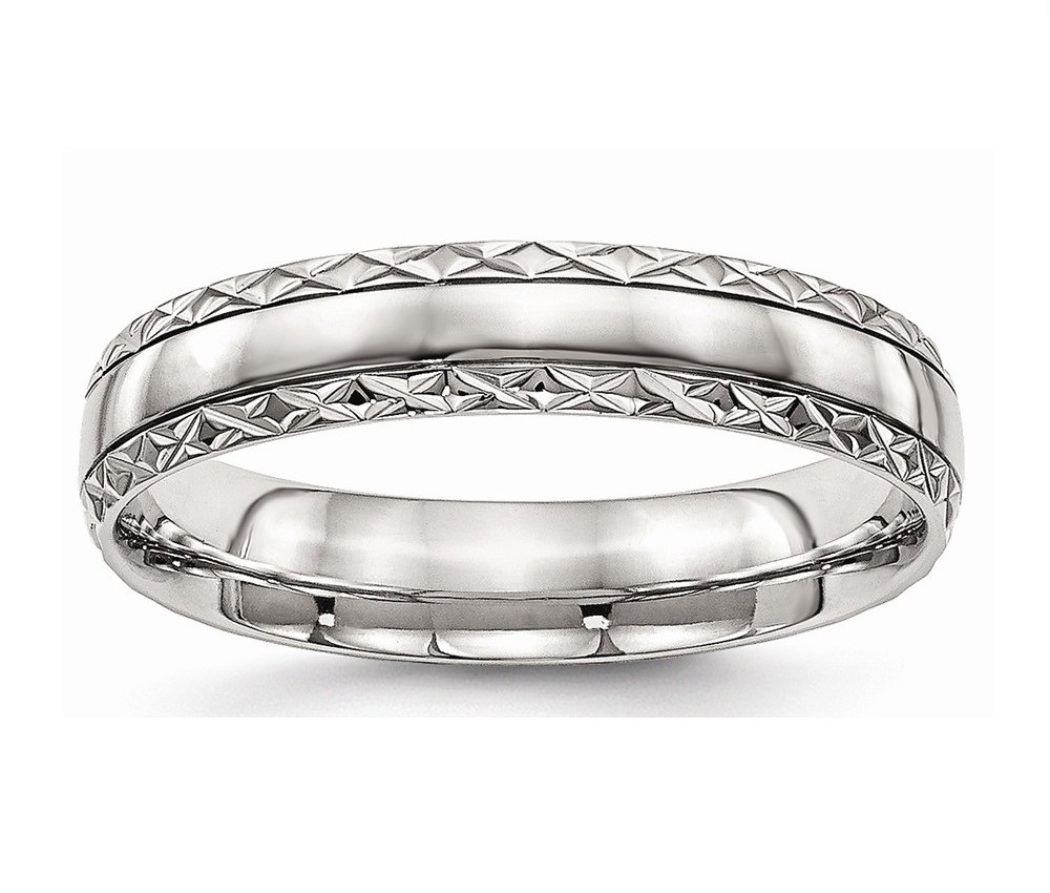 Stainless Steel Polished Grooved Criss Cross Design Ring