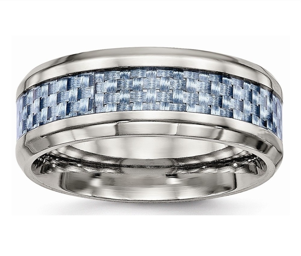 Stainless Steel Polished Blue Carbon Fiber Inlay Ring