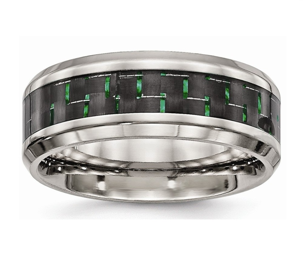 Stainless Steel Polished Black/Green Carbon Fiber Inlay Ring