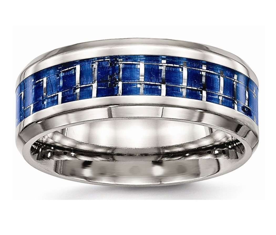 Stainless Steel Polished Blue/White Carbon Fiber Inlay Ring