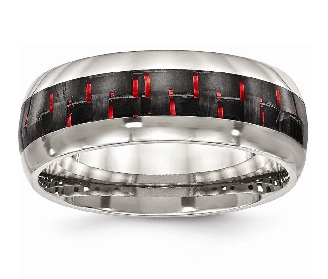 Stainless Steel Polished Black/Red Carbon Fiber Inlay Ring