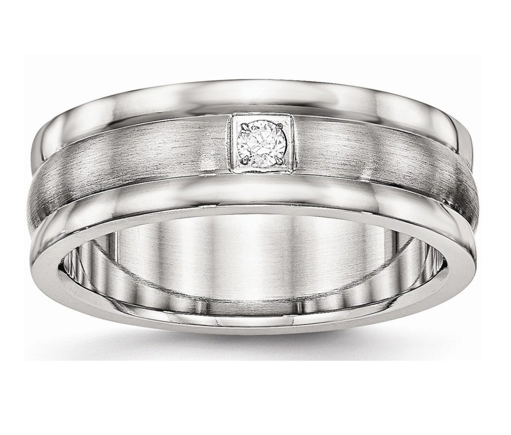 Stainless Steel Polished And Brushed Grooved CZ Ring