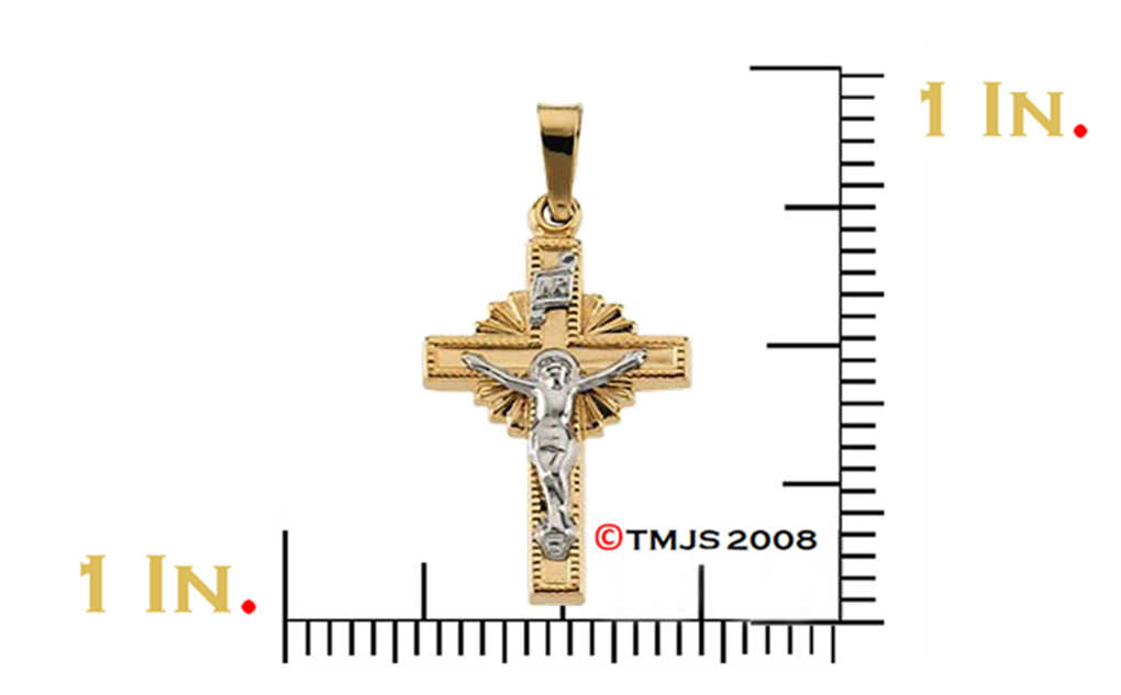 Two-Tone Sunburst Crucifix 14k Yellow and White Gold Pendant(19X13MM).